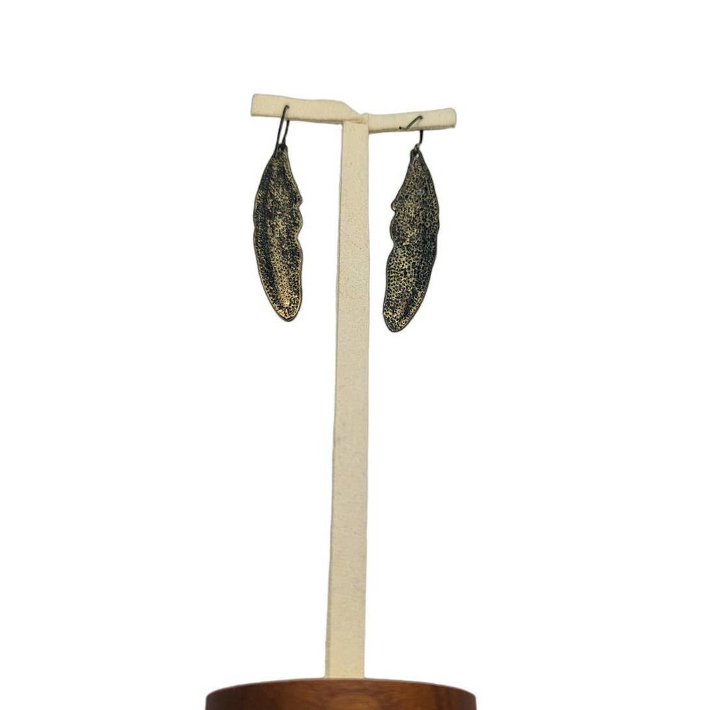 Blue Hand-Painted Brass Feather Earrings - Picture 3 of 8